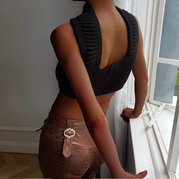 Womens|Knit Halter Crop Top|Large L|Black|Stretch - Picture 3 of 11